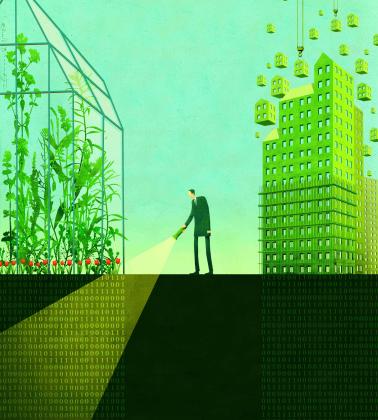 illustratie met een mannetje net een zaklamp die nullen en eenen onder een gebouw zichtbaar maakt, met rode tulpjes op de grond.