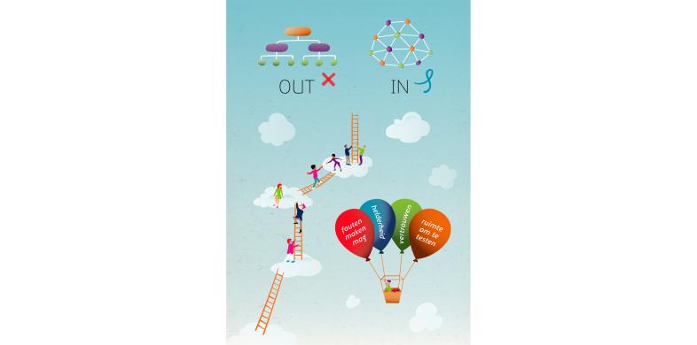 Mensen in de wolken die via trappen van de ene naar de andere wolk lopen en er vliegt een luchtballon