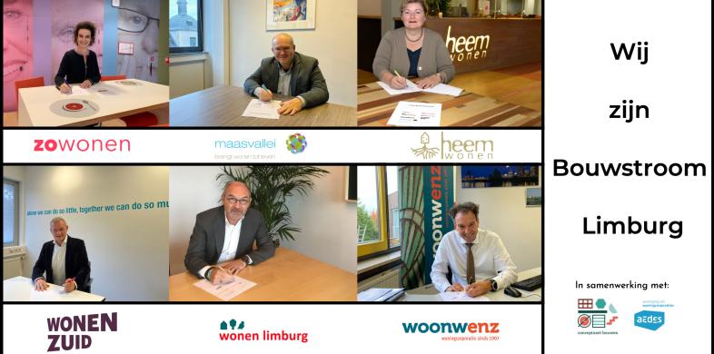 De verschillende deelnemende partners aan De Bouwstroom Limburg ondertekenen de intentieovereenkomst.