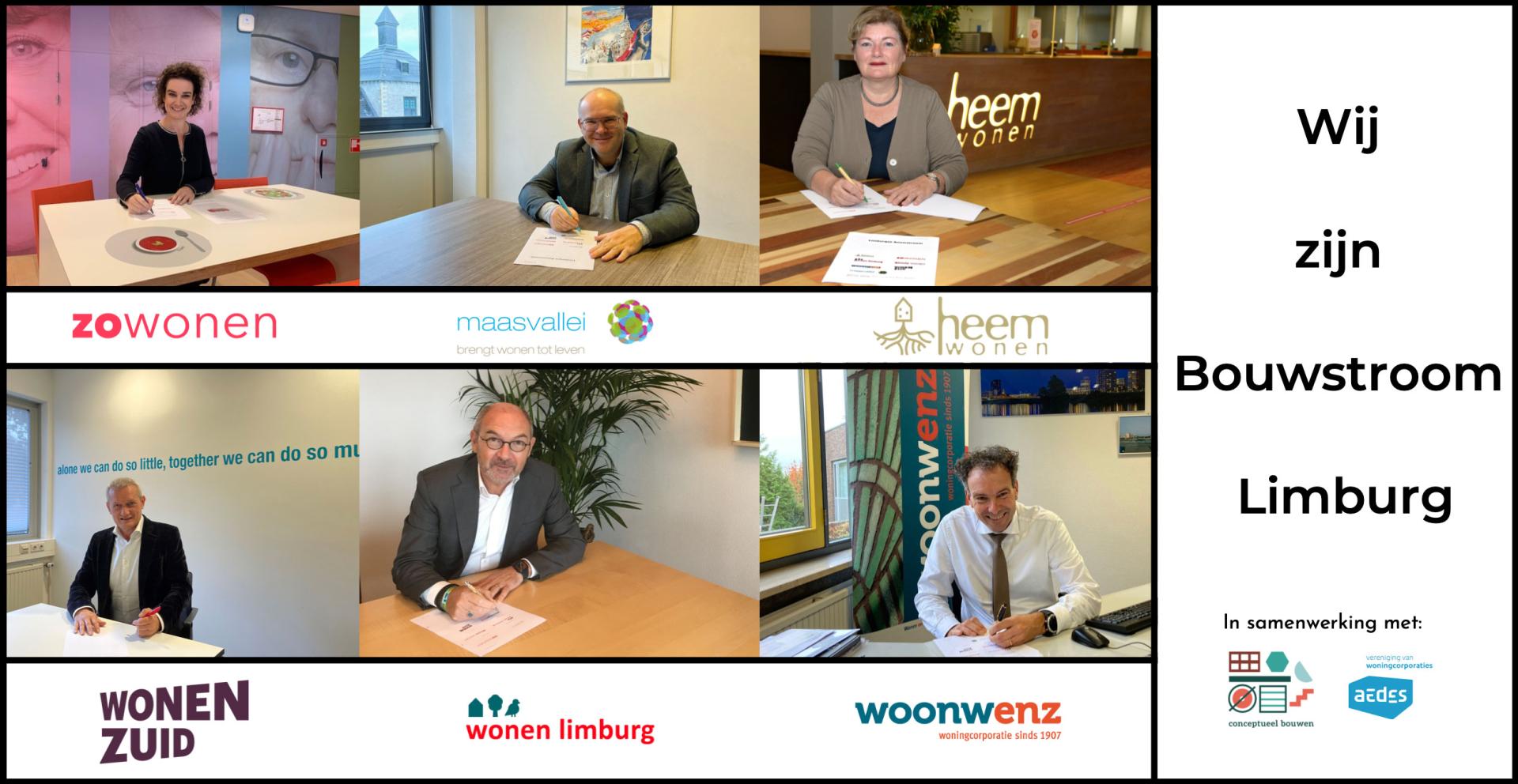 De verschillende deelnemende partners aan De Bouwstroom Limburg ondertekenen de intentieovereenkomst.