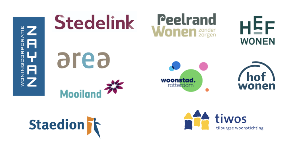 de corporaties Zayaz, Stedelink, Area, Mooiland, Hef wonen, Hof wonen, Staedion. Woonstad Rotterdam, Peelrand wonen en Tiwos